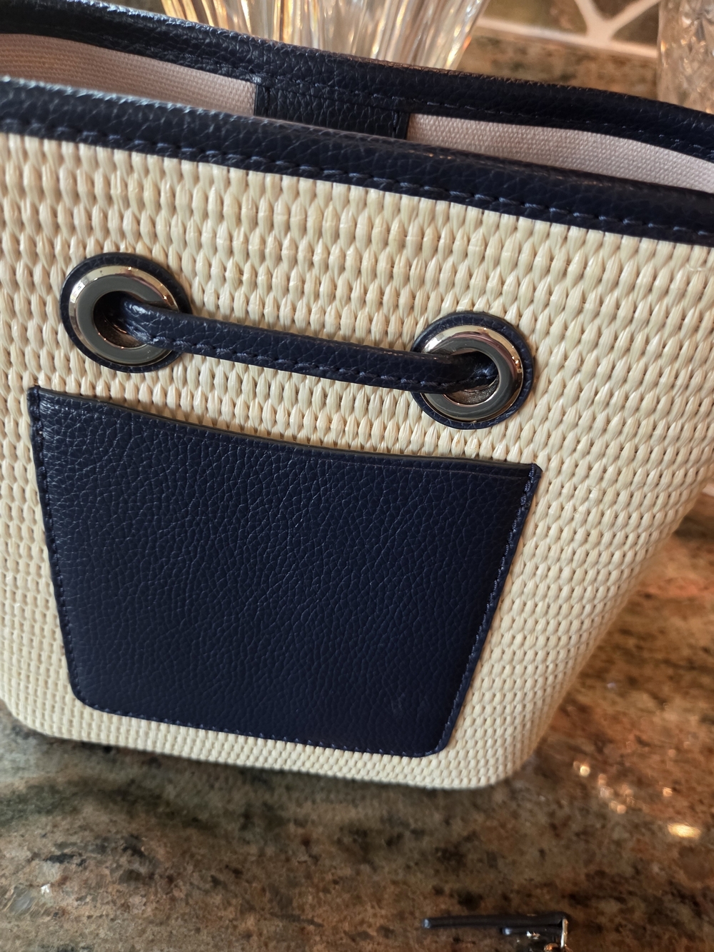 kate spade Navy and Natural Straw Bucket Bag with Navy Card Wallet - Picture 5 of 7